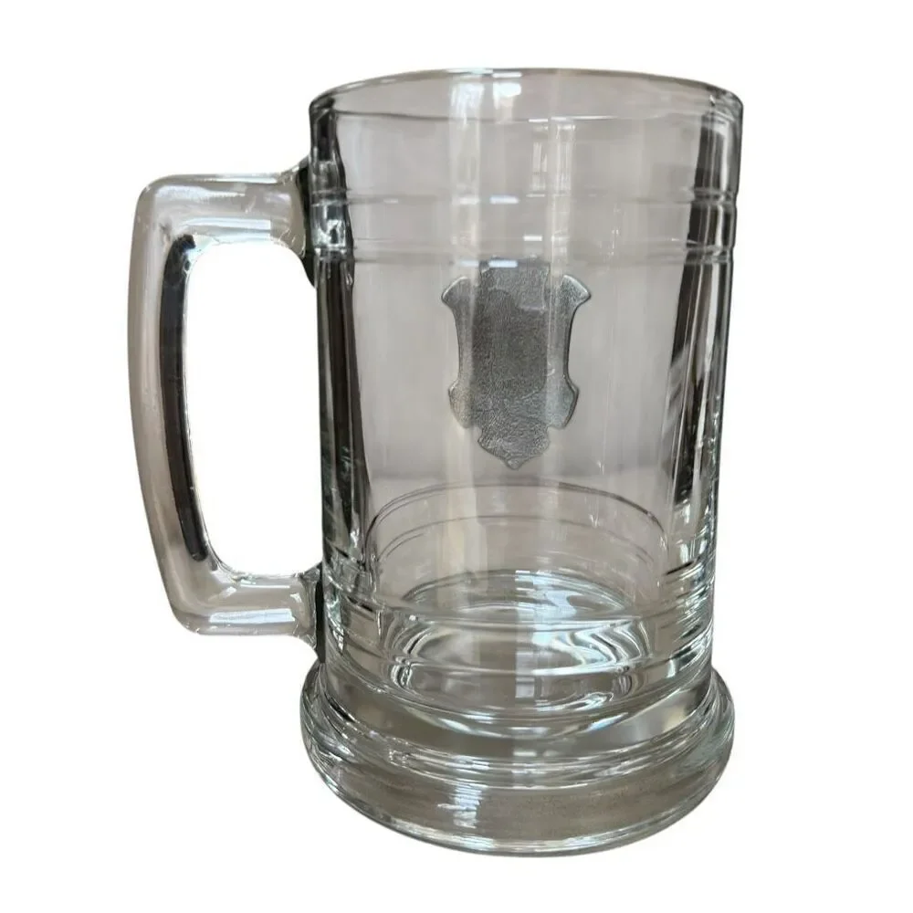 Clear Glass Beer Mug Stein with Pewter Golf Ball Clubs Sporting Motif